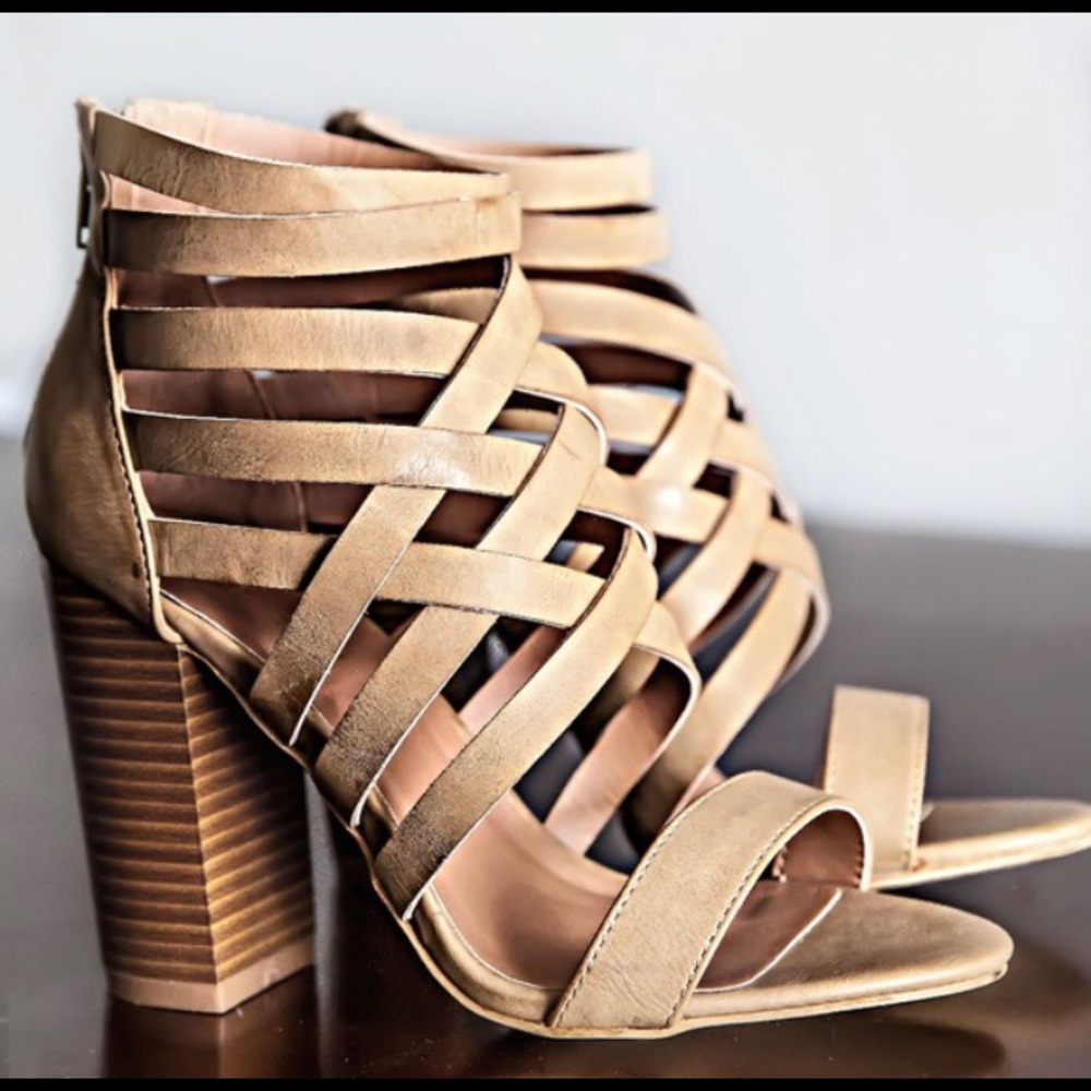 MiiM tan leather strappy sandal with wooden heel